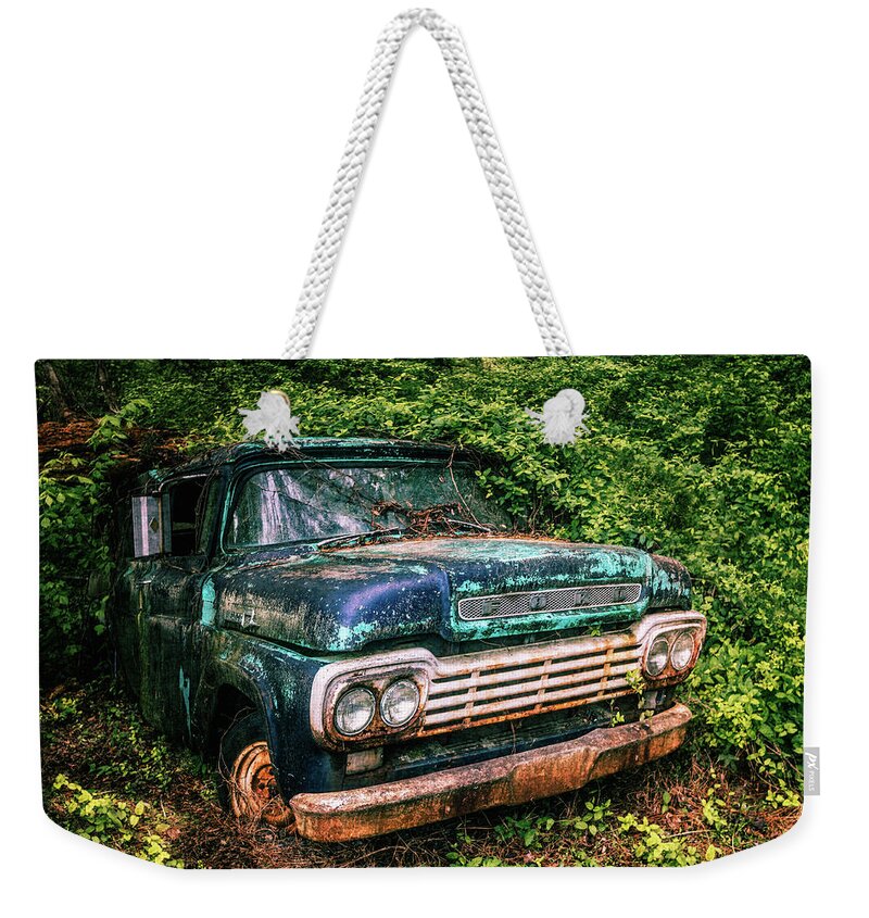 1950s Weekender Tote Bag featuring the photograph 1959 Old Vintage Ford Truck by Debra and Dave Vanderlaan