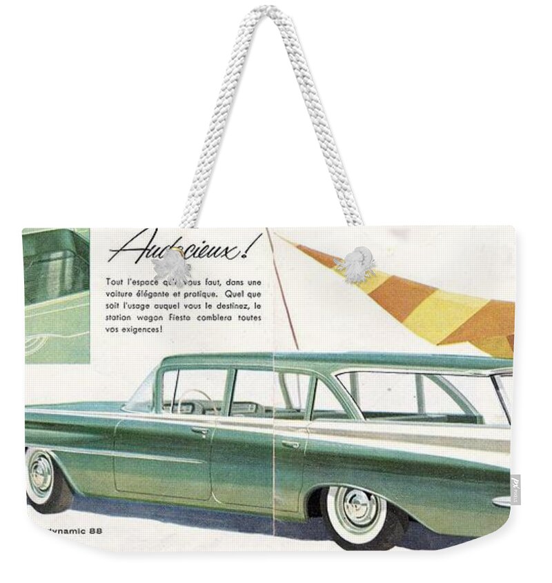 1959 Oldsmobile Prestige Brochure Page 20 And 21 Weekender Tote Bag featuring the painting 1959 Oldsmobile Prestige Brochure page 20 and 21 by Vintage Collectables