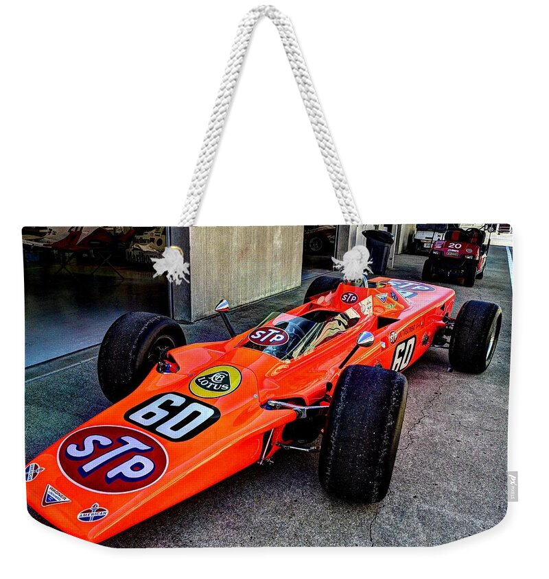 Josh Williams Photography Weekender Tote Bag featuring the photograph 1968 Lotus 56 Turbine Indy Car #60 angle by Josh Williams