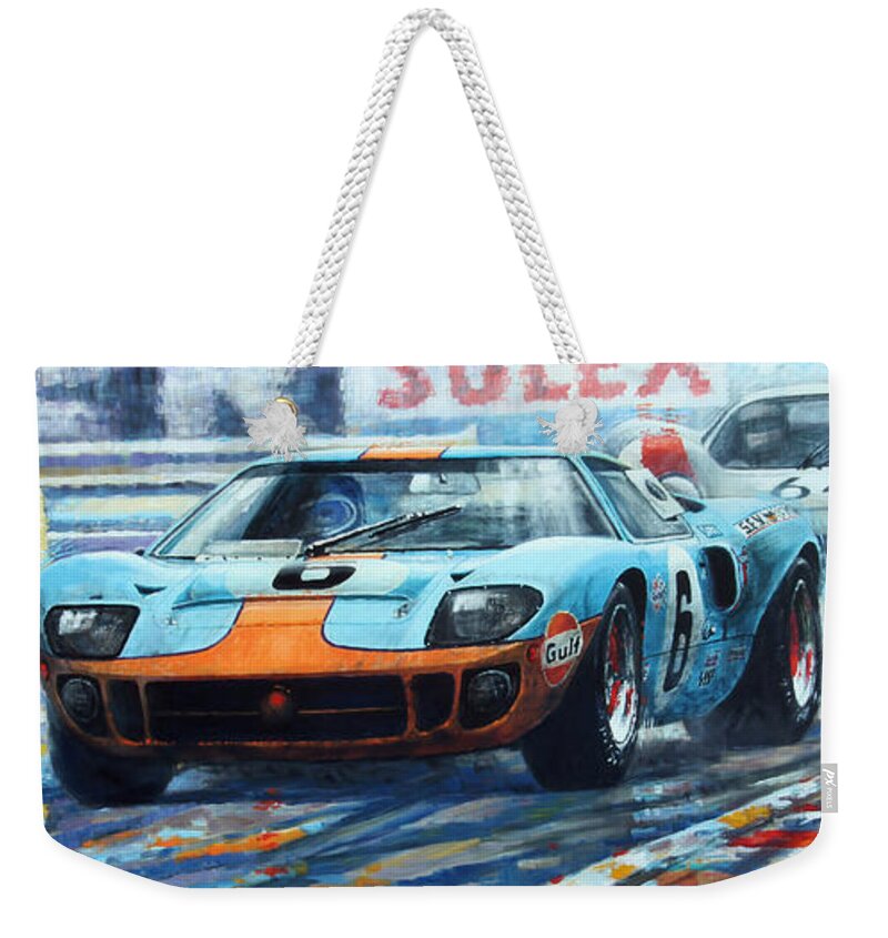 Paintings Weekender Tote Bag featuring the painting 1969 Le Mans 24 Ford GT 40 Ickx Oliver Winner by Yuriy Shevchuk