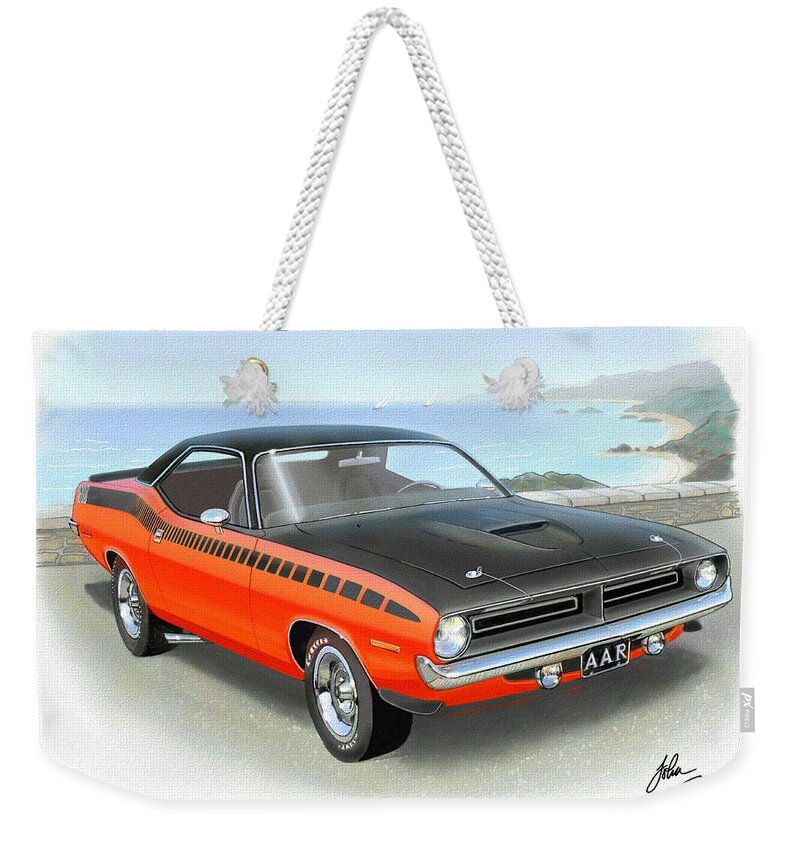  1970 Cuda Weekender Tote Bag featuring the painting 1970 BARRACUDA AAR Cuda classic muscle car by John Samsen