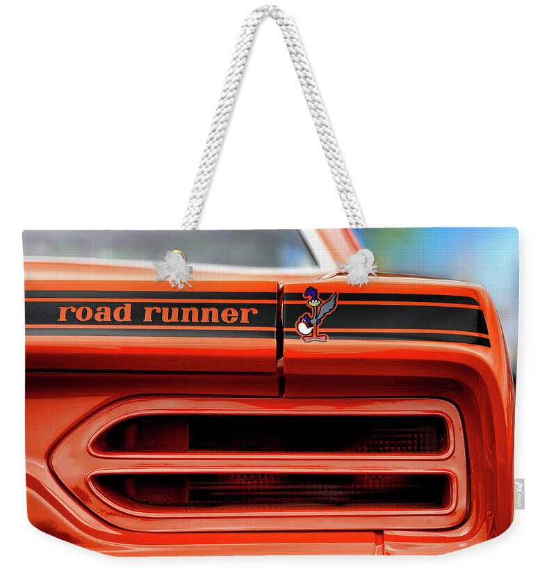 1970 Weekender Tote Bag featuring the photograph 1970 Plymouth Road Runner - Vitamin C Orange by Gordon Dean II