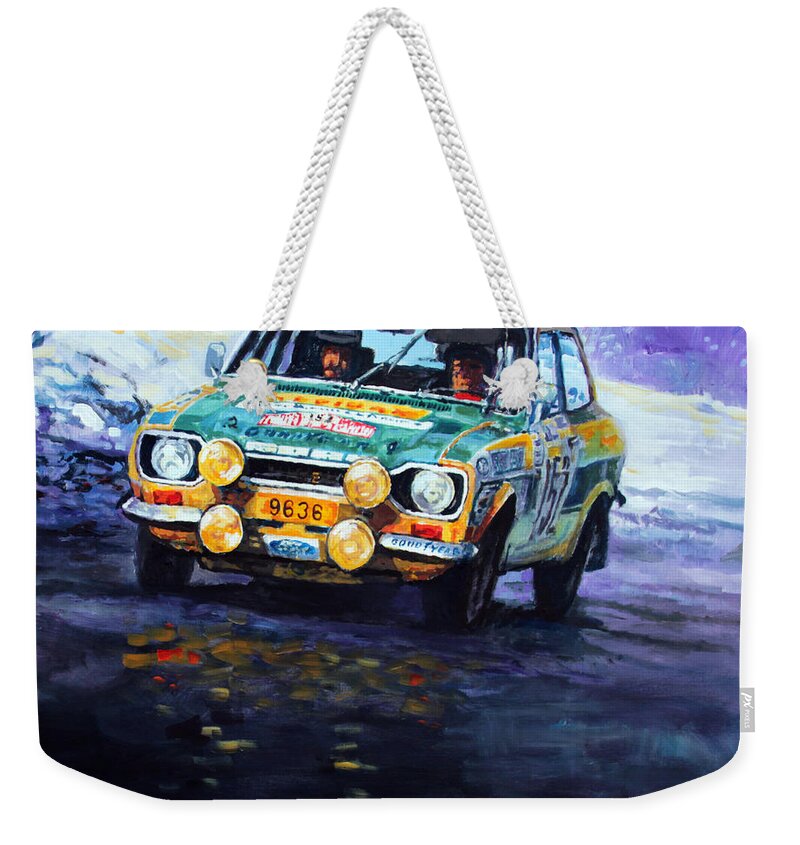 Acrilic Weekender Tote Bag featuring the painting 1977 Rallye Monte Carlo Ford Escort RS 2000 #152 Beauchef Dubois Keller by Yuriy Shevchuk