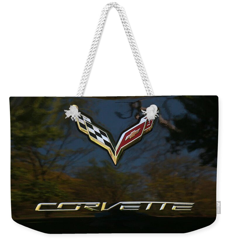 Corvette Stingray Weekender Tote Bag featuring the photograph 2015 Chevy Corvette Stingray Emblem by Allen Beatty