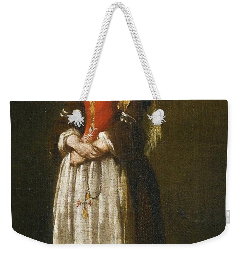 A Young Woman Dressed In Neapolitan Fashion' By Jean Barbault Weekender Tote Bag featuring the painting A Young Woman Dressed in Neapolitan Fashion by MotionAge Designs