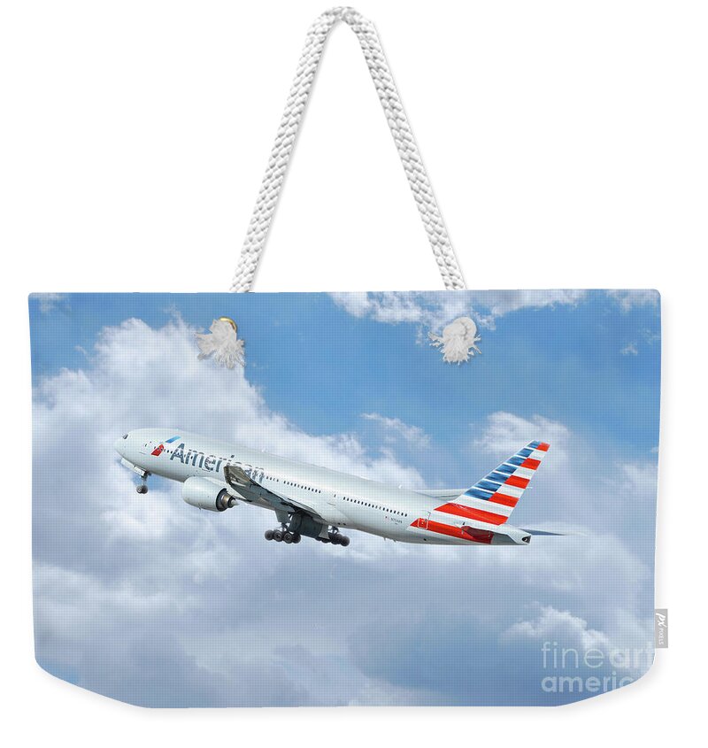 Boeing Weekender Tote Bag featuring the digital art American Airlines Boeing 777 by Airpower Art