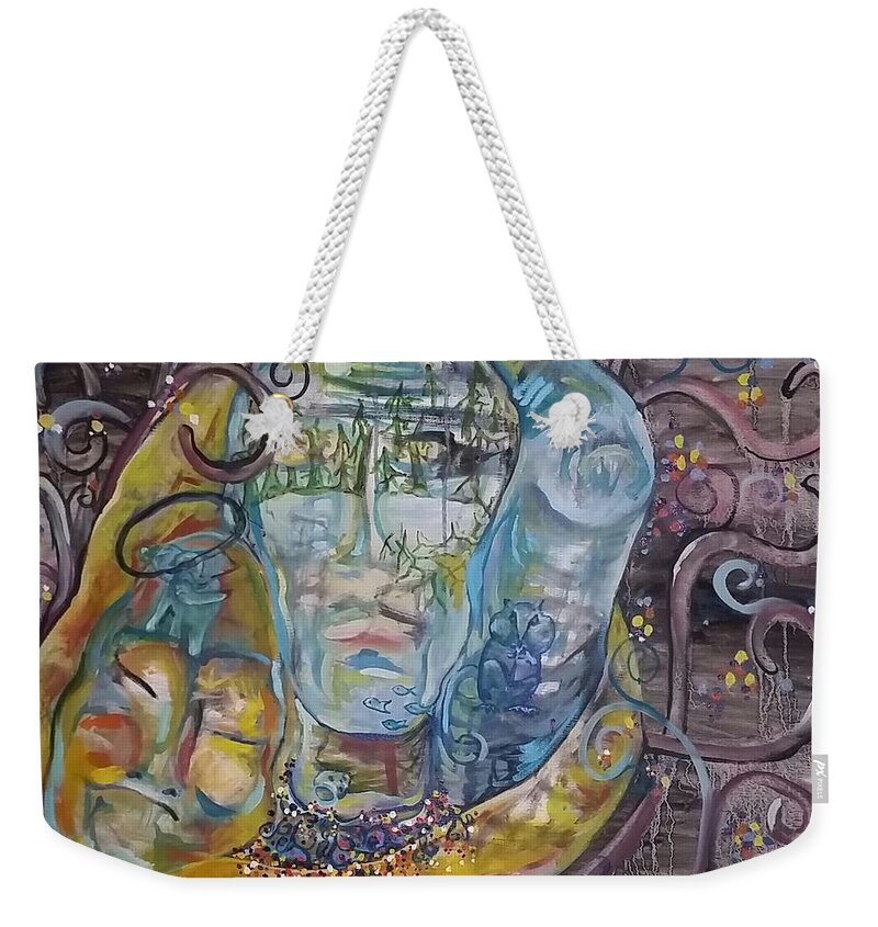 Environment Weekender Tote Bag featuring the painting 2 Angels hugging Environmental Warrior Goddess by Carol Rashawnna Williams