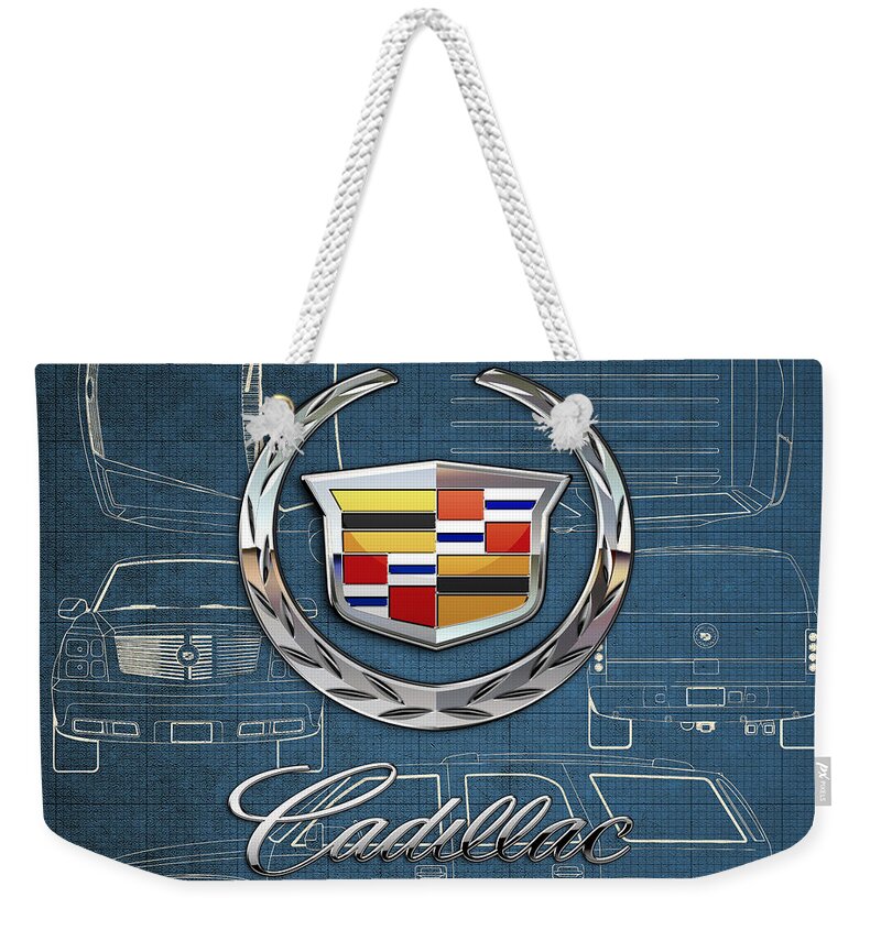 'wheels Of Fortune' By Serge Averbukh Weekender Tote Bag featuring the photograph Cadillac 3 D Badge over Cadillac Escalade Blueprint by Serge Averbukh