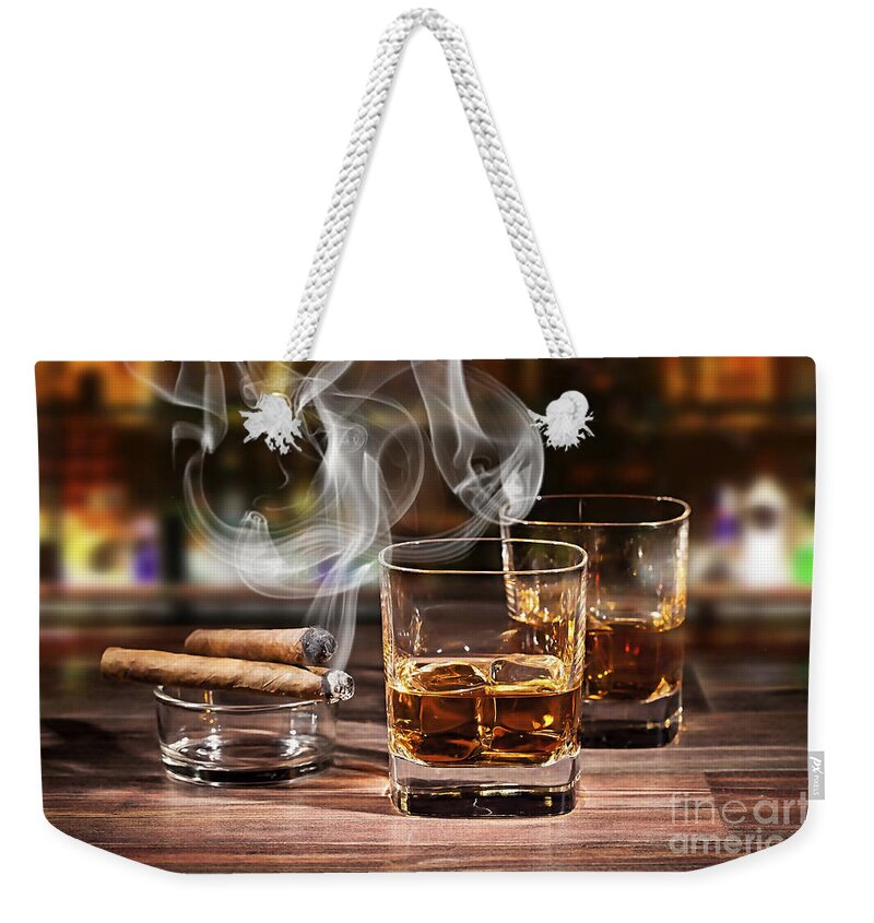 Cigar Weekender Tote Bag featuring the mixed media Cigar and Alcohol Collection #2 by Marvin Blaine