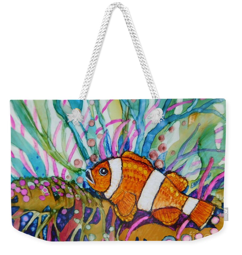 This Orange And White Clown Fish Swims Through The Rainbow-colored World Beneath The Reef. (the 8 X 6 Tile Looks Best When It Is Framed Mounted On Canvas Panel In A Standard 8 X 10 Frame.) Weekender Tote Bag featuring the painting Clown Fish #2 by Joan Clear