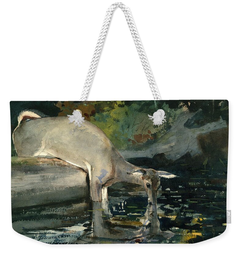Winslow Homer Weekender Tote Bag featuring the drawing Deer Drinking #2 by Winslow Homer