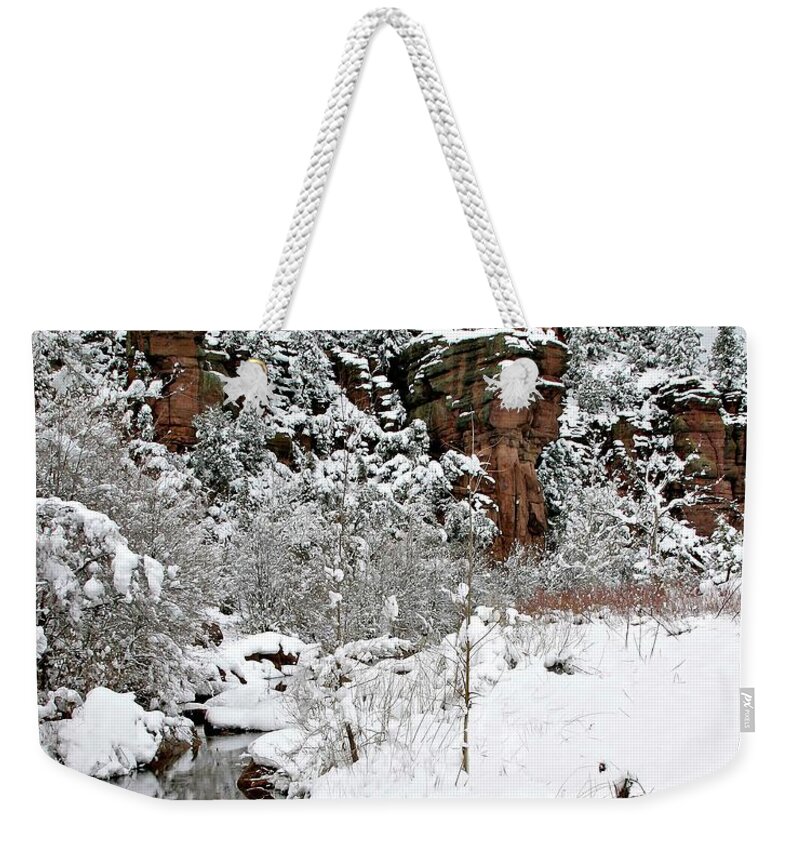 Snow Weekender Tote Bag featuring the photograph East Verde Winter Crossing by Matalyn Gardner