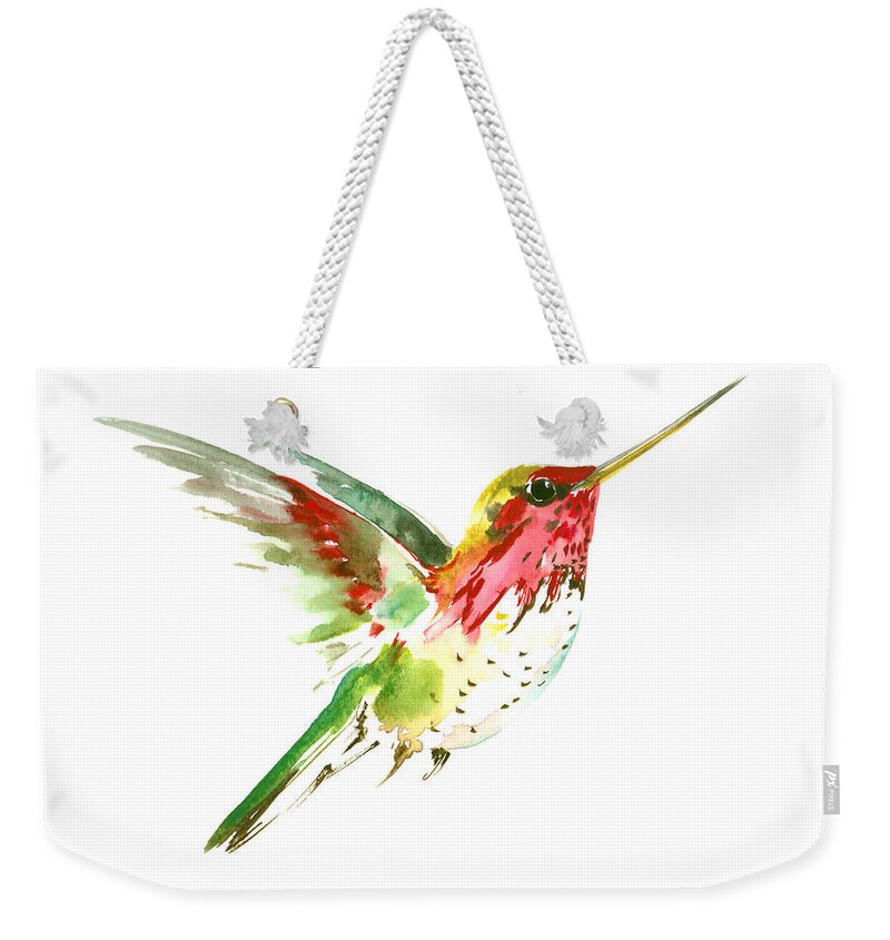 Hummingbird Weekender Tote Bag featuring the painting Flying Hummingbird #2 by Suren Nersisyan