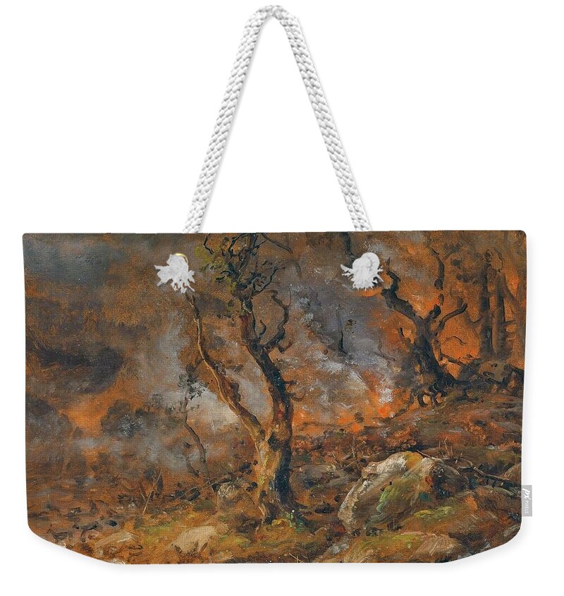 Forest Fire By Johan Christian Dahl Weekender Tote Bag featuring the painting Forest Fire by Johan Christian