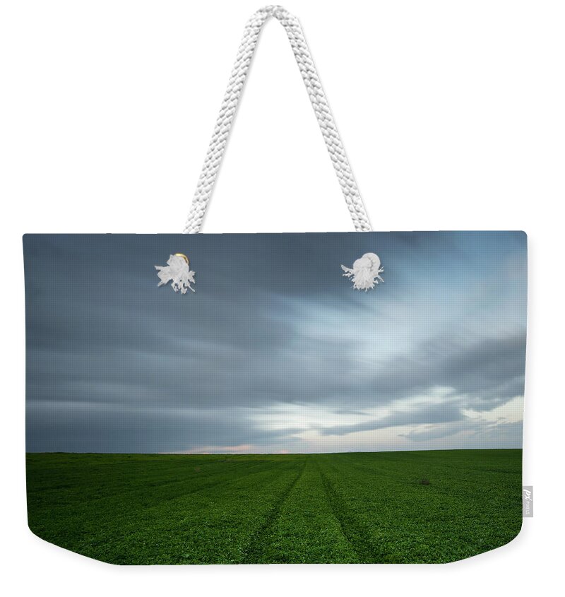 Green Field Weekender Tote Bag featuring the photograph Green field and cloudy sky #2 by Michalakis Ppalis