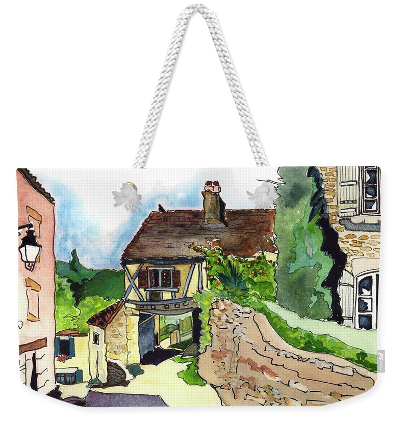 Limeuil Haut-limeuil Dordogne Perigord French Countryside Medieval Village Architecture River Port  Weekender Tote Bag featuring the painting Haut-Limeuil, Dordogne #2 by Joan Cordell