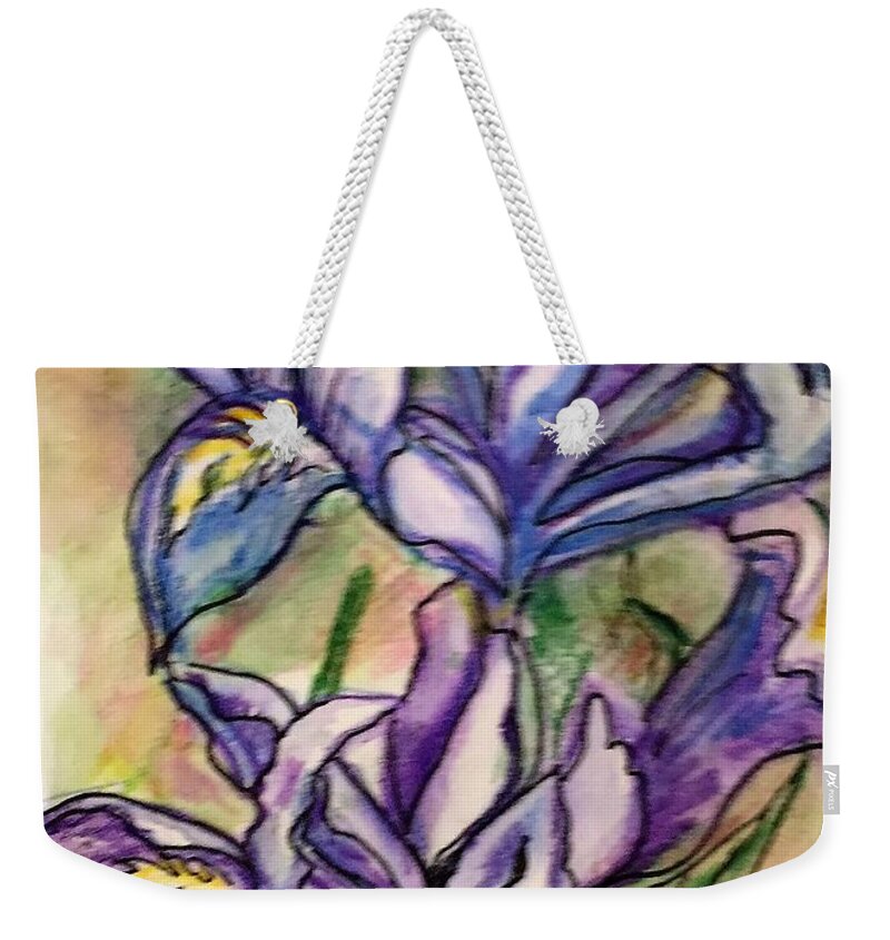 2 Purple Iris Weekender Tote Bag featuring the painting 2 Iris by Charme Curtin