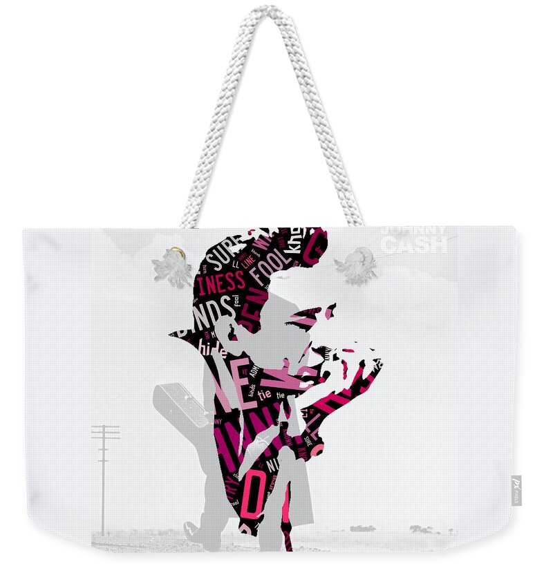 Johnny Cash Art Weekender Tote Bag featuring the mixed media Johnny Cash Song Lyric I Walk The Line #4 by Marvin Blaine