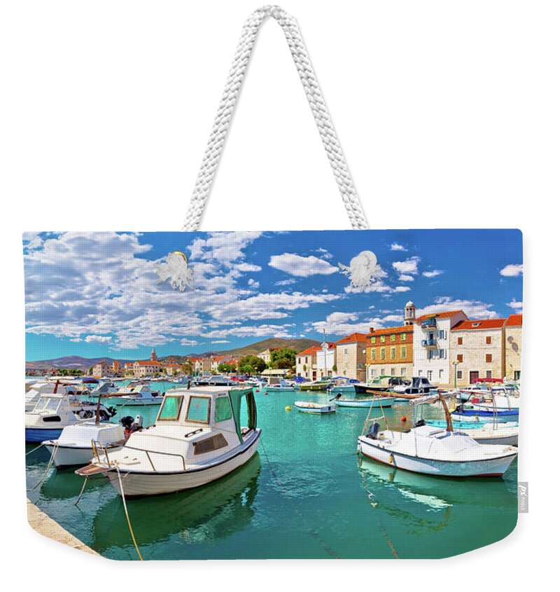 Kastel Weekender Tote Bag featuring the photograph Kastel Novi turquoise harbor and historic architecture panoramic #2 by Brch Photography