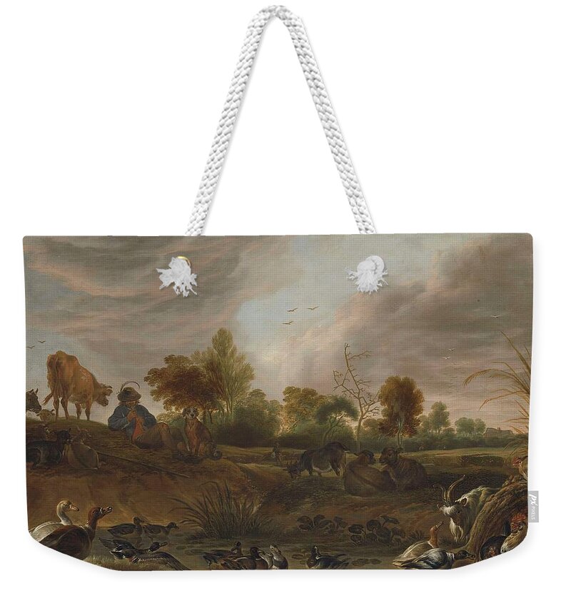 Landscape With Animals Weekender Tote Bag featuring the painting Landscape With Animals #2 by Cornelis Saftleven