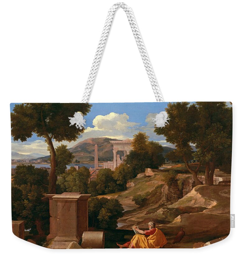 Nicolas Poussin Weekender Tote Bag featuring the painting Landscape with Saint John on Patmos #2 by Nicolas Poussin