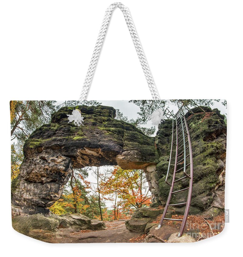 Autumn Weekender Tote Bag featuring the photograph Little Pravcice Gate - famous natural sandstone arch #2 by Michal Boubin