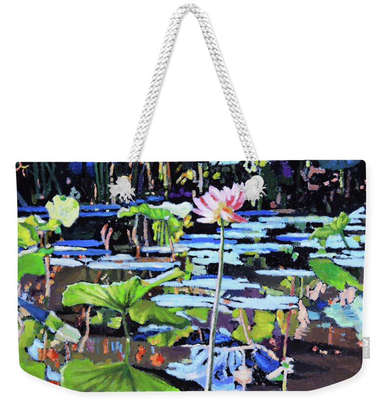 Garden Pond Weekender Tote Bag featuring the painting Lotus Reflections by John Lautermilch