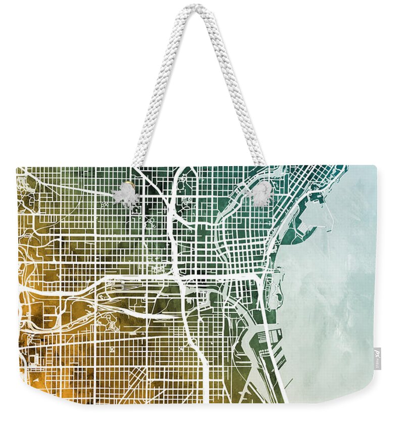 Milwaukee Weekender Tote Bag featuring the digital art Milwaukee Wisconsin City Map by Michael Tompsett