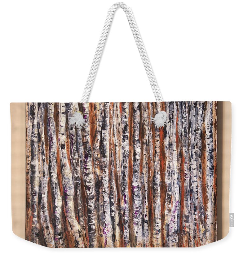Moonlight Weekender Tote Bag featuring the painting Moonlight Aspens by Sheila Johns