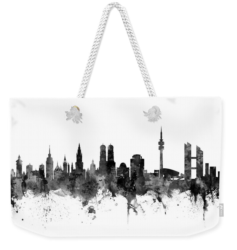 City Skyline Weekender Tote Bag featuring the digital art Munich Germany Skyline #2 by Michael Tompsett