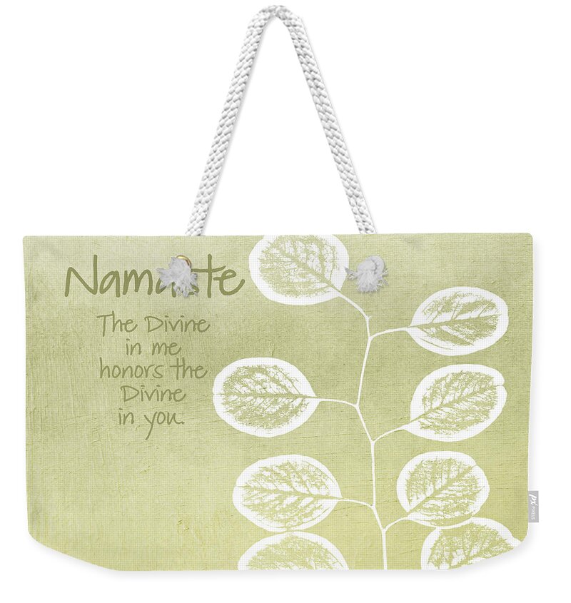 Namaste Weekender Tote Bag featuring the mixed media Namaste by Linda Woods