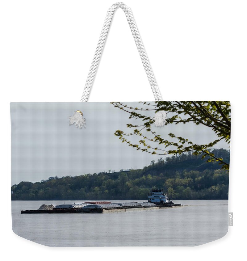River Weekender Tote Bag featuring the photograph Ohio River Barge by Holden The Moment