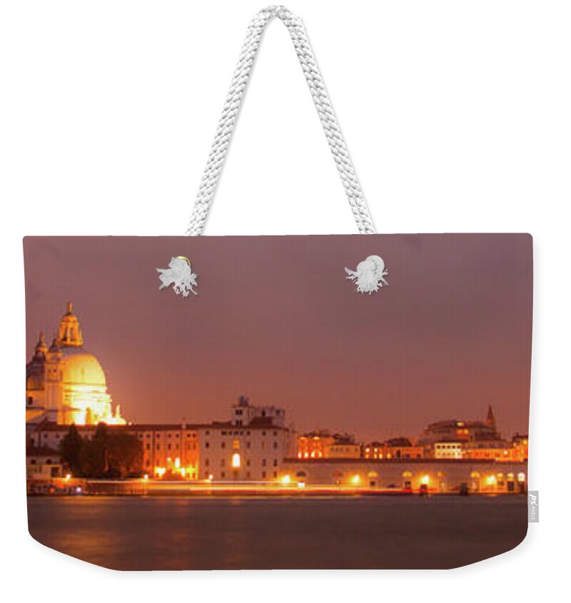 Bridge Weekender Tote Bag featuring the photograph Panorama By Night Of Venice, italian City by Amanda Mohler