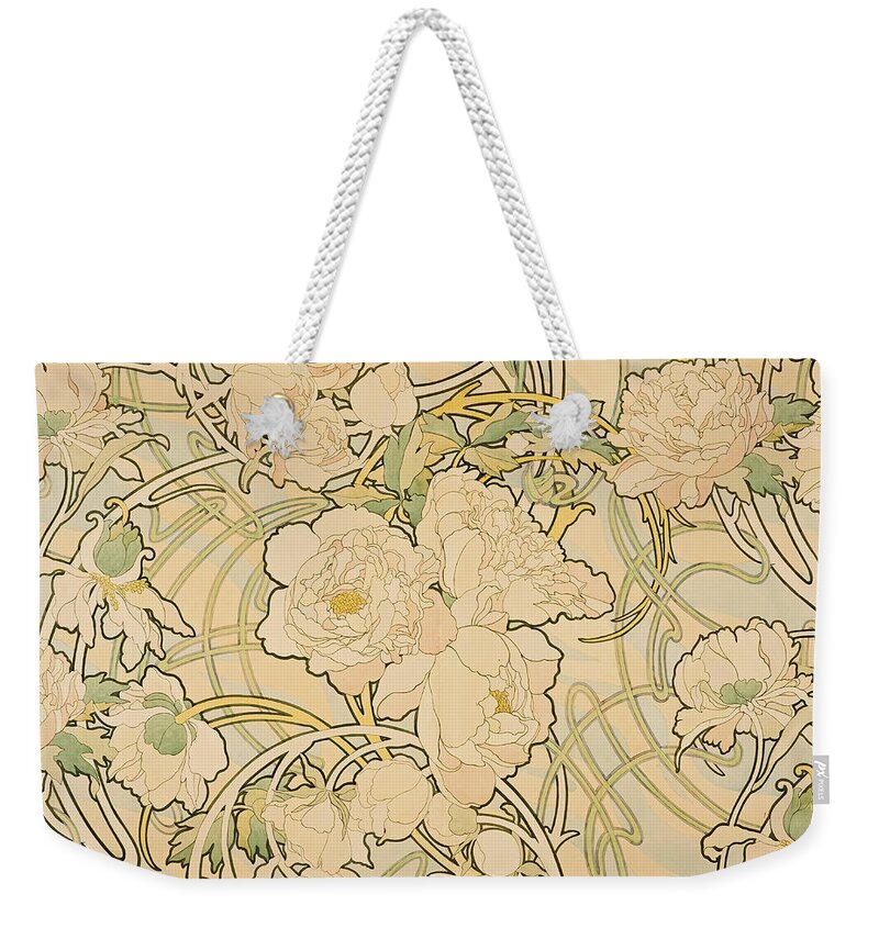 Alphonse Mucha Weekender Tote Bag featuring the painting Peonies #2 by Alphonse Mucha