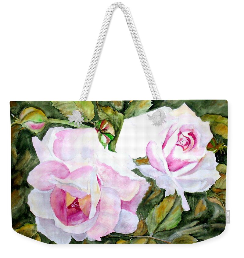 Flower Weekender Tote Bag featuring the painting Pink Roses #2 by Carol Grimes