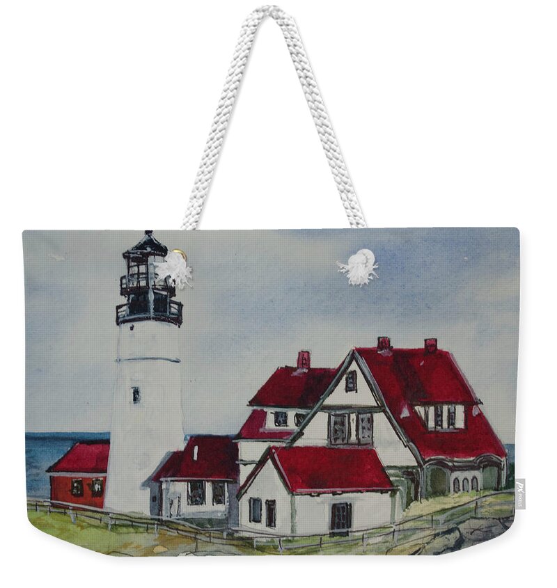 Portland Headlight Weekender Tote Bag featuring the painting Portland Headlight #1 by Kellie Chasse