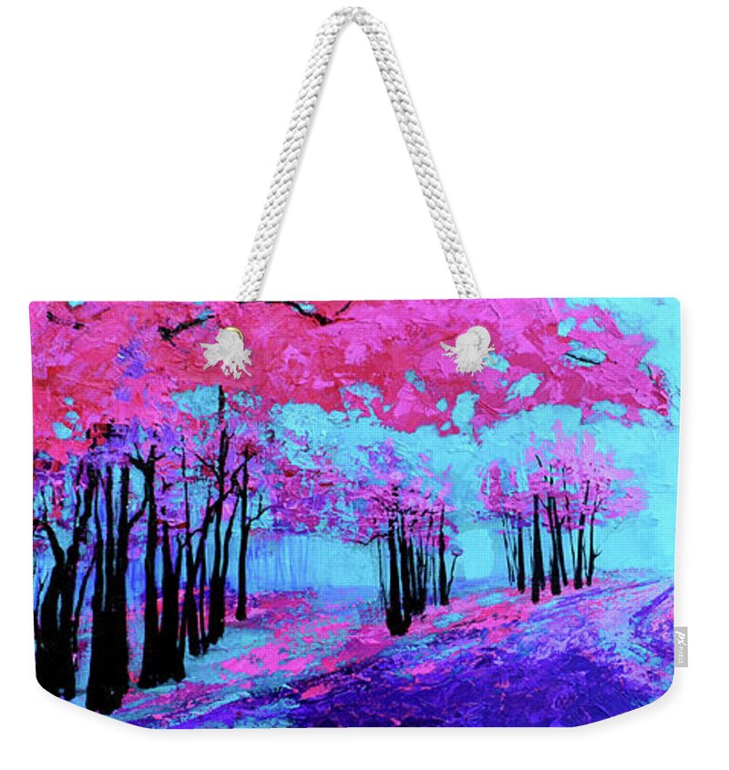 Purple Magenta Weekender Tote Bag featuring the painting Purple Magenta, Forest, Modern Impressionist, Palette Knife painting by Patricia Awapara