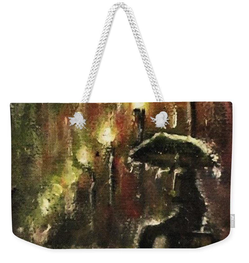 Town Streets Weekender Tote Bag featuring the painting Rain Fantasy aceo painting #5 by Natalja Picugina
