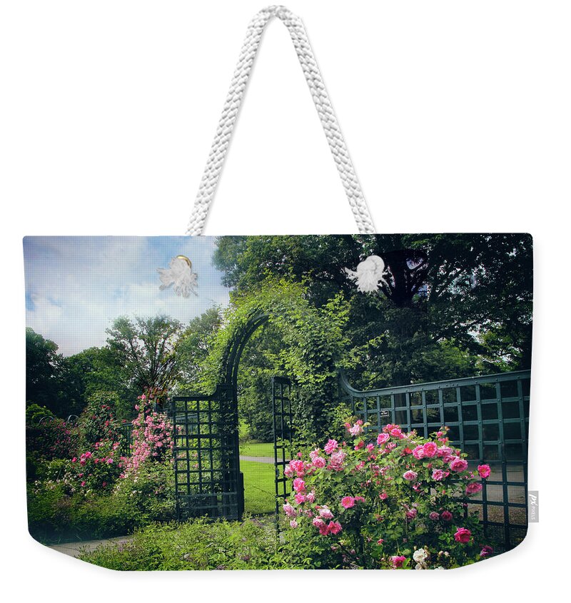 New York Botanical Garden Weekender Tote Bag featuring the photograph Rose Garden Gate #2 by Jessica Jenney