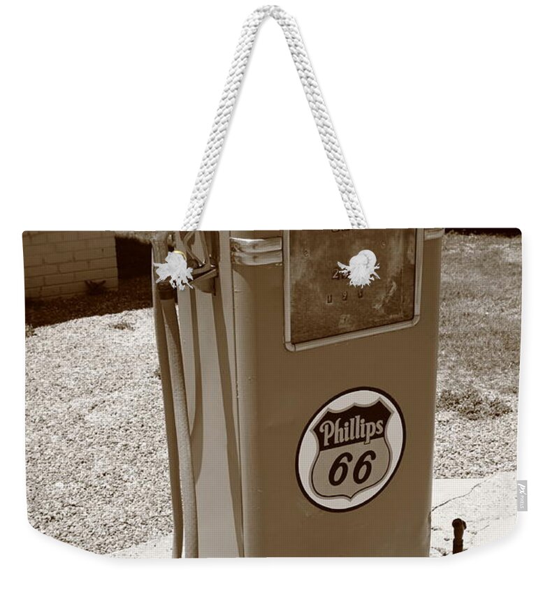 66 Weekender Tote Bag featuring the photograph Route 66 Gas Pump 2012 #2 Sepia by Frank Romeo