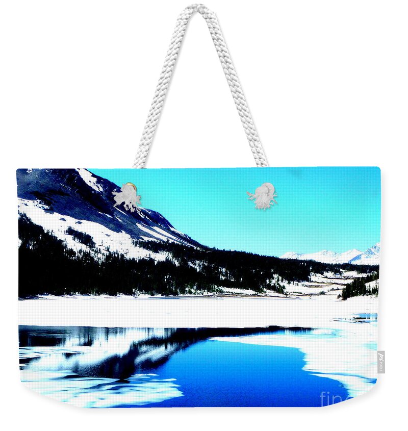 Landscape Weekender Tote Bag featuring the photograph Shiny snow magic on lake #3 by Kumiko Mayer