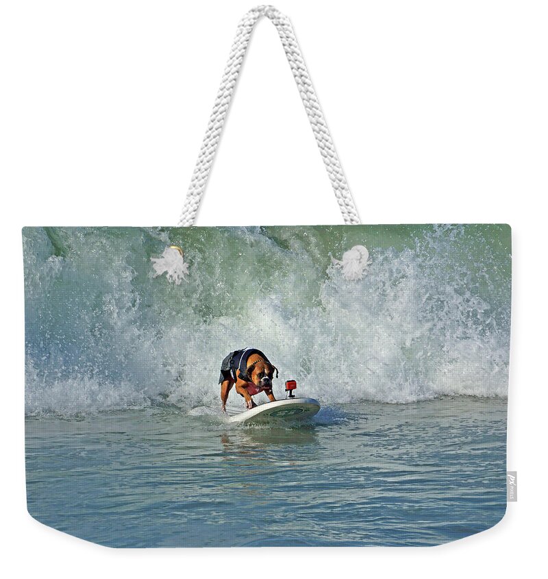Huntington Beach Weekender Tote Bag featuring the photograph Surfing Dog #3 by Thanh Thuy Nguyen