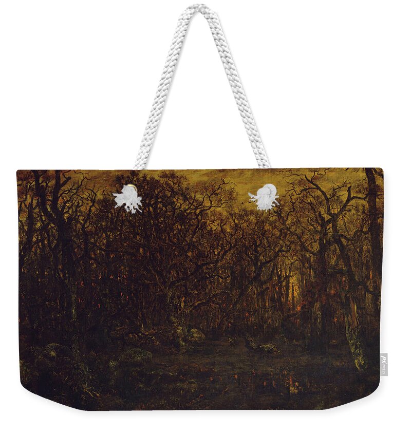 The Forest In Winter At Sunset Weekender Tote Bag featuring the painting The Forest in Winter at Sunset #2 by Theodore Rousseau