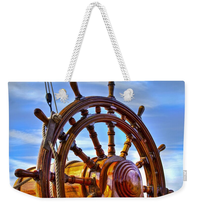 Boats Weekender Tote Bag featuring the photograph The Helm #1 by Debra and Dave Vanderlaan