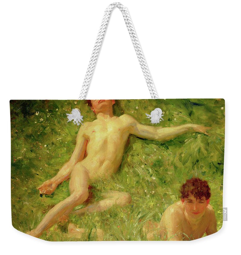 The Sunbathers Weekender Tote Bag featuring the painting The sunbathers #2 by Henry Scott Tuke