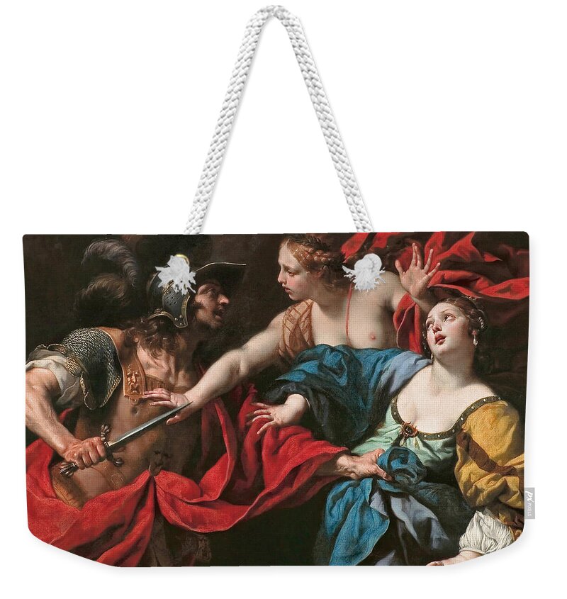 Luca Ferrari Weekender Tote Bag featuring the painting Venus preventing her son Aeneas from killing Helen of Troy #1 by Luca Ferrari
