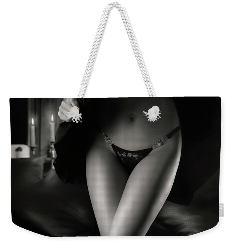 Lingerie Weekender Tote Bag featuring the photograph Woman Wearing Black Lacy Panties #2 by Maxim Images Exquisite Prints