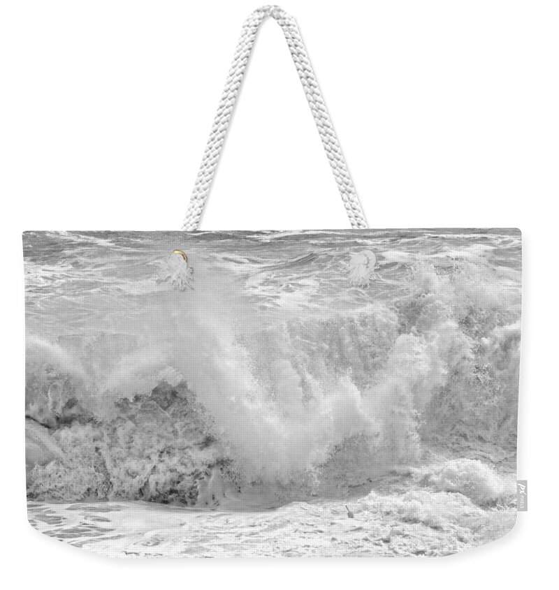 Maine Weekender Tote Bag featuring the photograph Black and White Large Waves Near Pemaquid Point On The Coast Of #20 by Keith Webber Jr