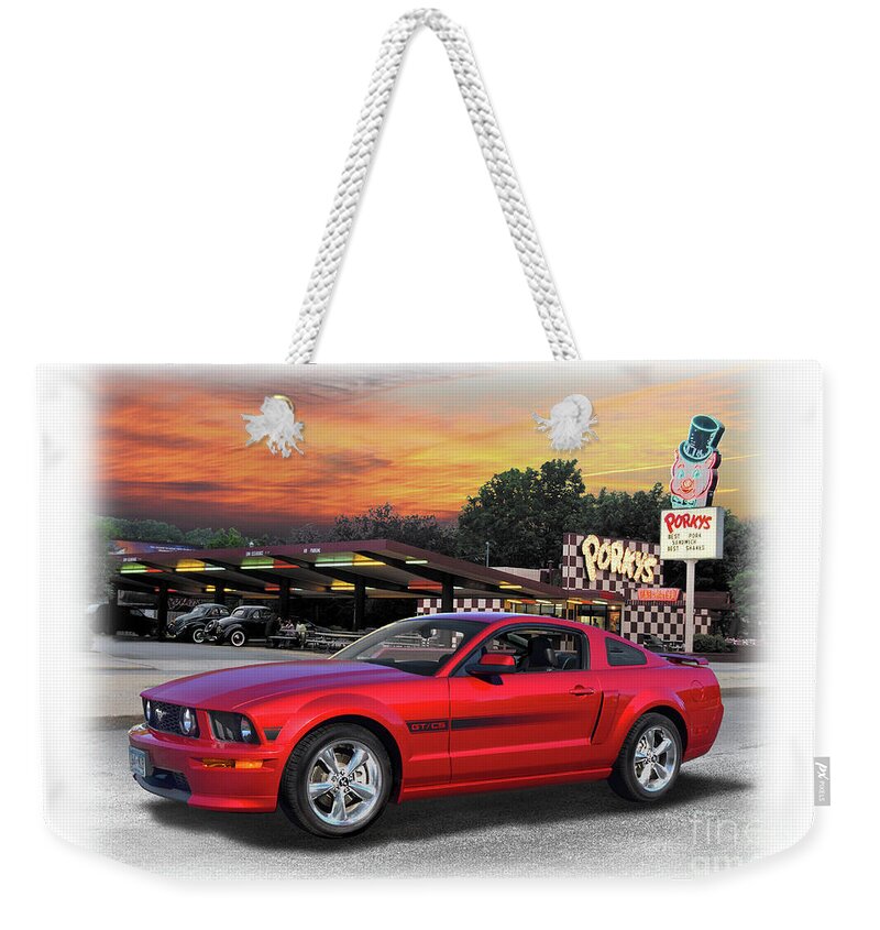 2007 Weekender Tote Bag featuring the photograph 2007 Mustang GT at Porky's by Ron Long