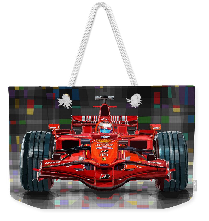 Automotive Weekender Tote Bag featuring the digital art 2008 Ferrari F1 Racing Car Kimi Raikkonen by Yuriy Shevchuk
